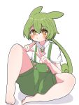  1girl animal_ears barefoot black_outline closed_mouth green_hair green_shorts green_suspenders hair_between_eyes highres light_blush long_hair looking_at_viewer low_ponytail outline puffy_short_sleeves puffy_sleeves shirt short_sleeves shorts simple_background sitting solo suspender_shorts suspenders voicevox white_background white_shirt yellow_eyes zundamon zundamotidayo 