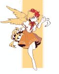  1girl 4qw5 animal_on_head ascot barefoot bird bird_girl bird_on_head bird_tail bird_wings blonde_hair feathered_wings frilled_sleeves frills full_body highres holding multicolored_hair niwatari_kutaka on_head orange_skirt pixel_art puffy_short_sleeves puffy_sleeves red_ascot redhead short_sleeves skirt solo tail touhou two-tone_hair wings yellow_wings 