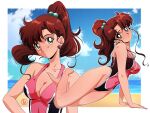  absurdres barefoot beach bishoujo_senshi_sailor_moon blue_sky blush breasts brown_hair clouds cloudy_sky earrings fritz_willie green_eyes highres jewelry kino_makoto legs navel one-piece_swimsuit sand sky smile swimsuit water 