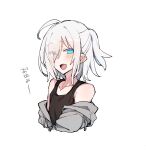  1girl ahoge androgynous armpit_crease bad_id bad_twitter_id bare_shoulders blue_eyes bright_pupils brown_tank_top collarbone cropped_torso eyes_visible_through_hair fang flat_chest grey_hair grey_hoodie hair_over_one_eye half_updo higashi_shino hood hood_down hoodie light_blush looking_at_viewer medium_hair nowareno_(higashi_shino) off_shoulder open_mouth original partially_unzipped simple_background skin_fang slit_pupils smile solo tank_top translation_request upper_body white_background white_pupils 