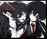  2boys black_coat black_eyes black_hair black_vest blush book closed_mouth coat coat_on_shoulders collared_shirt fang high_ponytail holding holding_book hong_lu_(project_moon) lemonail limbus_company long_hair looking_to_the_side multiple_boys necktie open_mouth project_moon red_necktie shirt simple_background skin_fang smile upper_body very_long_hair vest white_background white_shirt yi_sang_(project_moon) 