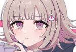  1girl blunt_bangs blush brown_hair chi_gu danganronpa_(series) danganronpa_2:_goodbye_despair galaga hand_up handheld_game_console holding holding_handheld_game_console looking_at_viewer medium_hair nanami_chiaki pink_eyes pout simple_background solo white_background 