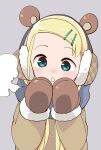  1girl :o animal_ears blonde_hair blue_eyes blush commentary dot_nose earmuffs fake_animal_ears fur-trimmed_gloves fur-trimmed_sleeves fur_trim gloves hair_ornament hairclip highres hitoribocchi_no_marumaru_seikatsu jacket katsuwo_(cr66g) parted_bangs scarf solo sotoka_rakita 