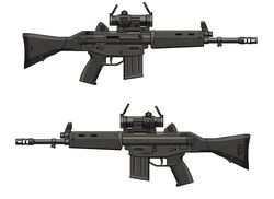  absurdres assault_rifle commentary_request from_side gun highres howa_type_89 multiple_views no_humans original rifle scope simple_background spartan56_(116_spartan56) still_life weapon weapon_focus white_background 