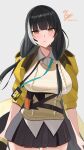  1girl absurdres black_hair black_skirt blush breasts dated girls_frontline heterochromia highres jacket koucha_kouden large_breasts long_hair looking_at_viewer multicolored_hair red_eyes ro635_(girls&#039;_frontline) skirt solo streaked_hair vest white_background white_hair yellow_eyes yellow_jacket 