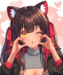  1girl :o absurdres animal_ear_fluff animal_ears black_hair black_jacket breasts cat_ears dark-skinned_female dark_skin grey_sweater hair_between_eyes hair_ornament hair_ribbon highres indie_virtual_youtuber jacket long_sleeves looking_at_viewer medium_breasts one_eye_closed open_mouth red_ribbon ribbon sakura_chiyo_(konachi000) sakuraba_chiyo sweater very_dark_skin virtual_youtuber yellow_eyes 