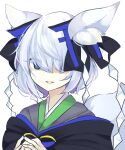  1girl akitsu_nezu animal_ear_fluff animal_ears black_bow blue_eyes book_of_star_mythology bow commentary_request eyes_visible_through_hair fox_ears fox_girl fox_tail grey_kimono hair_bow hair_over_one_eye japanese_clothes kimono original ougi_hina portrait shide shide_hair_ornament simple_background solo tail torii_hair_ornament touhou white_background white_hair 