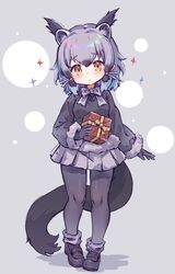  1girl animal_ears binturong_(kemono_friends) binturong_girl black_footwear black_gloves black_hair black_sweater blue_hair blush bow bowtie collared_shirt extra_ears full_body fur_trim gift gloves grey_bow grey_bowtie grey_fur grey_hair grey_pantyhose grey_skirt grey_socks hair_between_eyes hair_tie highres kemono_friends kolshica loafers long_sleeves looking_at_viewer multicolored_hair orange_eyes pantyhose pleated_skirt shirt shoes short_hair sidelocks skirt socks solo sweater tail 