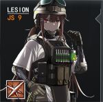  1girl alternate_costume black_gloves brown_hair character_name closed_mouth commentary_request expressionless girls_frontline gloves goggles goggles_on_headwear hair_between_eyes helmet js_9_(girls&#039;_frontline) lesion_(rainbow_six_siege) load_bearing_vest long_hair mechanical_arms parody rainbow_six_siege red_eyes sidelocks solo upper_body yitiao_er-hua 