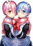  2girls blue_eyes blue_hair blush closed_mouth commentary_request eyes_visible_through_hair frills fur_trim gloves hair_ornament hair_over_one_eye hair_ribbon heads_together highres holding_hands looking_at_viewer maid maid_headdress multiple_girls pink_eyes pink_hair pink_ribbon pink_scarf purple_ribbon ram_(re:zero) re:zero_kara_hajimeru_isekai_seikatsu red_eyes red_gloves rem_(re:zero) ribbon roswaal_mansion_maid_uniform scarf short_hair siblings simple_background sisters smile tarunyan twins white_background x_hair_ornament 