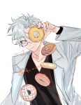  1boy black_shirt blue_eyes chinese_commentary closed_mouth commentary_request dangarang dated doughnut food glasses highres holding_doughnut kanou_aogu lab_coat long_sleeves male_focus open_clothes rectangular_eyewear saibou_shinkyoku semi-rimless_eyewear shirt short_hair simple_background smile solo upper_body v-neck white_background white_hair 