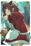  1girl ahoge apron artist_name blunt_bangs blurry blurry_background blush border brown_hair cloak commentary_request cone_huraku cosplay cowboy_shot dappled_sunlight day dress forest from_side headgear hood hood_down hooded_cloak little_red_riding_hood little_red_riding_hood_(grimm) little_red_riding_hood_(grimm)_(cosplay) long_sleeves looking_to_the_side medium_hair nature nervous outdoors outside_border picnic_basket red_cloak red_dress red_eyes short_dress solo sunlight sweat thigh-highs touhoku_kiritan twitter_username voiceroid watermark white_apron white_border white_thighhighs 