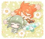  3boys :3 border chibi closed_eyes closed_mouth crossed_arms flower from_above gold_trim green_background green_hair hair_between_eyes highres ion_(tales) jacket lorelei_0314 luke_fon_fabre lying male_focus mieu_(tales) multiple_boys on_back redhead tales_of_(series) tales_of_the_abyss white_border white_flower white_jacket 