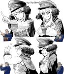  1boy 1girl closed_mouth cross crossed_arms english_commentary fur_trim girls_frontline hat highres iron_cross kar98k_(girls&#039;_frontline) long_hair manfred_von_karma military_hat monochrome multiple_boys open_mouth peaked_cap pose_imitation reference_inset senpaihawkkun serious simple_background smile smug sweat upper_body white_background 