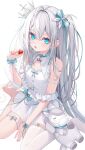  1girl 333shishishi333 absurdres blue_eyes bow commission crown dress food fruit grey_hair hair_bow highres holding holding_food holding_fruit indie_virtual_youtuber long_hair looking_at_viewer mini_crown open_mouth petr_petrichor single_barefoot single_thighhigh sitting skeb_commission solo strawberry stuffed_horse thigh-highs thigh_strap two_side_up wariza white_dress white_thighhighs 