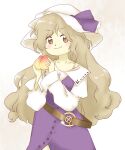  1girl belt blonde_hair brown_belt brown_eyes dress food fruit hands_up hat holding holding_food holding_fruit long_hair long_sleeves loose_belt nonamejd official_style peach purple_dress solo touhou watatsuki_no_toyohime white_headwear zun_(style) 