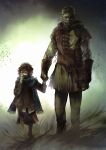  1boy 1girl absurdres artemy_burakh black_hair blue_scarf brown_hair child debris full_body grass green_theme highres holding_hands mask mouth_mask murky_(pathologic) pathologic pathologic_2 scarf short_hair size_difference ultra-baklan-the-ovosh walking 