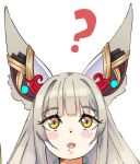  1girl ? animal_ear_fluff animal_ears cat_ears commentary dot_nose english_commentary eyelashes fang grey_hair i_am_anddo long_hair nia_(xenoblade) open_mouth portrait simple_background skin_fang slit_pupils solo white_background xenoblade_chronicles_(series) xenoblade_chronicles_2 yellow_eyes 