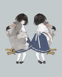  1girl animal bird black_eyes black_footwear black_hair blue_skirt blunt_bangs child dodo_(bird) expressionless facing_away full_body grey_background holding holding_animal long_skirt mary_janes multiple_views nekosuke_(oxo) original pantyhose pleated_skirt shirt shoes short_hair simple_background skirt standing white_pantyhose white_shirt 