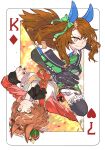  2girls animal_ears ascot aston_machan_(umamusume) asuka_(junerabitts) black_ascot black_gloves black_thighhighs commission crown ear_covers floating_hair frilled_thighhighs frills garter_straps gloves highres horse_ears horse_girl king_(playing_card) king_halo_(umamusume) king_of_diamonds looking_at_viewer mini_crown multiple_girls poker red_nails red_shirt rotational_symmetry seven_of_hearts shirt skeb_commission smile thigh-highs umamusume yellow_eyes 