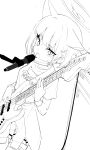  1girl absurdres animal_ears blue_archive blush cat_ears clothes_around_waist electric_guitar extra_ears greyscale guitar hair_ornament hairclip halo highres honi_(honi1010) instrument jacket jacket_around_waist kazusa_(blue_archive) korean_commentary microphone monochrome open_mouth pleated_skirt shirt short_hair short_sleeves simple_background skirt solo white_background 