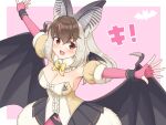  1girl animal_ears bat_ears bat_girl bat_wings brown_eyes brown_hair brown_long-eared_bat_(kemono_friends) commentary elbow_gloves extra_ears fingerless_gloves gloves grey_hair highres kemono_friends kemono_friends_v_project leotard long_hair looking_at_viewer microphone pantyhose pink_background shiraha_maru simple_background skirt solo symbol-only_commentary virtual_youtuber wings 