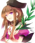  1girl black_headwear brown_hair holding holding_plant kutsuki_kai nishida_satono open_mouth plant puffy_short_sleeves puffy_sleeves short_sleeves simple_background smile solo touhou violet_eyes white_background 