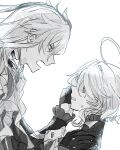  1boy 1girl ahoge ascot bags_under_eyes furina_(genshin_impact) genshin_impact gloves greyscale hair_between_eyes hand_on_another&#039;s_shoulder highres long_hair monochrome neuvillette_(genshin_impact) open_mouth ottottouta pointy_ears portrait short_hair sidelocks simple_background sweatdrop white_background 
