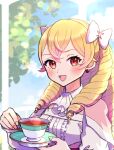  1girl ascot blonde_hair blue_sky blurry blurry_background clouds commentary_request cup drill_hair earrings eyelashes fire_emblem fire_emblem_awakening gogatsu_(yeaholiday) highres holding holding_plate jewelry long_hair looking_at_viewer maribelle_(fire_emblem) open_mouth outdoors plate red_eyes sky smile solo steam tea teacup twin_drills upper_body white_ascot 