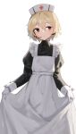  1girl absurdres alternate_costume apron black_dress blonde_hair braid brown_eyes closed_mouth commentary_request dress enmaided expressionless feet_out_of_frame gloves hat headset highres juliet_sleeves light_blush long_dress long_sleeves looking_to_the_side maid maid_apron nurse_cap nurse_robot_type_t puffy_sleeves short_hair side_braids sidelighting simple_background skirt_hold sleeve_cuffs solo standing utau white_apron white_background white_gloves xdp_(dx19291005) 