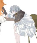  2girls bite_mark bite_mark_on_leg blush chair commentary cup english_commentary grey_eyes grey_hair multiple_girls orange_hair reverse:1999 shirt simple_background sitting sonetto_(reverse:1999) super_zenggg table vertin_(reverse:1999) white_background white_shirt 