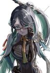  1girl absurdres adjusting_eyewear aqua_eyes black_dress black_gloves black_hair chinese_hairpin cloud_retainer_(genshin_impact) colored_inner_hair dress genshin_impact glasses gloves green_hair hand_on_eyewear hand_on_own_hip hand_up highres long_hair looking_at_viewer multicolored_hair natsugu72 ponytail red-framed_eyewear semi-rimless_eyewear solo sparkle two-tone_hair upper_body very_long_hair white_background xianyun_(genshin_impact) 