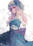  1girl blue_dress blue_kimono dress frilled_hat frills hat highres japanese_clothes kimono long_sleeves mob_cap pink_hair profile puffy_long_sleeves puffy_sleeves red_eyes saigyouji_yuyuko solo touhou triangular_headpiece wavy_hair xian_qishui 