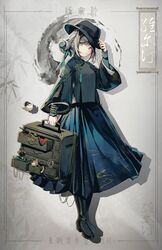  1girl absurdres blue_ribbon boots chinese_text grey_eyes hair_bun highres ink jacknavy reverse:1999 ribbon single_side_bun skirt solo solo_focus suitcase vertin_(reverse:1999) 
