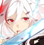  1girl bare_shoulders black_gloves blood blood_from_mouth china_dress chinese_clothes dress fu_hua fu_hua_(phoenix) gloves gradient_hair hair_between_eyes hair_ornament highres honkai_(series) honkai_impact_3rd long_hair looking_at_viewer low-tied_long_hair low_ponytail multicolored_hair ponytail red_eyes redhead sho_2nini simple_background sleeveless sleeveless_dress solo streaked_hair water_drop white_background white_hair 