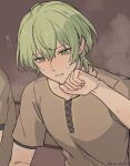  1boy brown_shirt byleth_(fire_emblem) byleth_(male)_(fire_emblem) commentary_request enlightened_byleth_(male) fire_emblem fire_emblem:_three_houses green_eyes green_hair hair_between_eyes male_focus official_alternate_costume sauna shirt short_hair short_sleeves steam sweat t-shirt twitter_username un_tapoi 