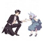  1boy 1girl :d animal_ears aqua_dress artist_name black_bow black_bowtie black_footwear black_hair black_jacket black_pants blue_eyes blue_footwear blue_hair bow bowtie closed_mouth coattails commentary crossed_bangs dress english_commentary flower genshin_impact gloves grey_hair hair_between_eyes hair_flower hair_ornament highres jacket kneeling lapels long_sleeves looking_at_another low_twintails mary_janes medium_hair multicolored_hair ojo_aa on_one_knee open_clothes open_jacket open_mouth pants parted_bangs pink_flower profile red_eyes scar scar_on_cheek scar_on_face shirt shoes short_hair short_twintails sigewinne_(genshin_impact) simple_background skirt_hold sleeveless sleeveless_dress smile standing streaked_hair teeth twintails twitter_username upper_teeth_only vest watermark white_background white_gloves white_shirt white_vest wriothesley_(genshin_impact) 
