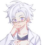  1boy blue_eyes collarbone glasses grey_shirt hand_on_own_face jie_(bujingerbaijinbugaiming) kanou_aogu lab_coat long_sleeves male_focus open_clothes portrait rectangular_eyewear saibou_shinkyoku semi-rimless_eyewear shirt short_hair simple_background sketch smile solo white_background white_hair 