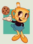  1girl black_shirt blue_skirt cookie cuphead_(game) food full_body gloves highres ms._chalice nagemzcat open_mouth orange_footwear shirt shoes simple_background skirt solo white_gloves 
