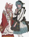  2boys 4ndm11 ahoge androgynous animal_ears apron black_apron blue_hair blush closed_mouth ensemble_stars! fox_boy fox_ears fox_tail green_eyes highres himemiya_tori japanese_clothes kimono male_focus multiple_boys open_mouth pink_hair red_kimono shino_hajime shirt short_hair short_hair_with_long_locks smile tail violet_eyes white_apron white_shirt 