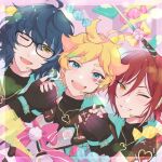  3boys aoba_tsumugi blonde_hair blue_eyes blue_hair ensemble_stars! glasses green_eyes harukawa_sora headset heart_on_cheek highres holding_hands iw_water looking_at_viewer male_focus multicolored_hair multiple_boys official_style one_eye_closed redhead sakasaki_natsume short_hair short_hair_with_long_locks switch_(ensemble_stars!) white_hair yellow_eyes 