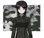  a_beautiful_man_(middinos) alternate_costume black_gloves black_hair camouflage cowboy_shot danganronpa_(series) danganronpa_3_(anime) freckles gloves grey_eyes grey_jacket highres ikusaba_mukuro jacket official_alternate_costume shirt smile turtleneck_shirt white_shirt 