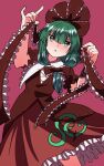  1girl ahodemoaru bow dress frilled_dress frills green_eyes green_hair highres kagiyama_hina looking_at_viewer one-hour_drawing_challenge pink_background red_bow red_dress red_ribbon ribbon solo touhou 