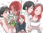  2girls alternate_hairstyle black_hair black_jacket blush bouquet braid closed_eyes collarbone collared_shirt dress hair_bun hair_down hand_on_another&#039;s_shoulder haruruhaharur head_wreath highres holding holding_bouquet jacket long_sleeves looking_at_another love_live! love_live!_nijigasaki_high_school_idol_club medium_hair multiple_girls neck_ribbon open_mouth outline parted_bangs ponytail red_ribbon redhead ribbon shirt sidelocks single_side_bun skirt sleeveless sleeveless_dress smile suit swept_bangs takasaki_yuu tiara uehara_ayumu upper_body wedding_dress white_background white_dress white_jacket white_outline white_shirt white_skirt yellow_eyes yuri 