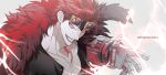  1boy 2024 coat collarbone dated eustass_kid fur_coat goggles grin happy_birthday highres magnetism male_focus mixed-language_commentary muscular muscular_male one_piece op_chestnut pectorals prosthesis prosthetic_arm red_eyes red_lips redhead scar scar_on_face short_hair smile solo upper_body 