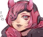  1girl apex_legends black_headwear black_jacket black_lips blue_eyes cyber_punked_wattson eyepatch eyeshadow heart horns jacket jun_(junxjunx) makeup official_alternate_costume one_eye_covered parted_lips pink_eyeshadow pink_hair portrait simple_background smile solo wattson_(apex_legends) 