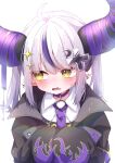  1girl absurdres ahoge black_jacket choker collared_shirt crescent crescent_hair_ornament cross_hair_ornament demon_horns ear_piercing fang flame_print grey_hair hair_ornament highres hololive horns jacket la+_darknesss la+_darknesss_(3rd_costume) looking_at_viewer multicolored_hair necktie official_alternate_costume open_mouth piercing pointy_ears purple_choker purple_hair purple_necktie shino_nome shirt short_hair skin_fang streaked_hair virtual_youtuber white_shirt yellow_eyes 