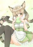  1girl absurdres animal_ears apron cat_ears cat_girl cat_tail dress extra_ears food green_dress grey_hair highres japari_bun jungle_cat_(kemono_friends) kemono_friends long_hair looking_at_viewer maid_apron maid_headdress ribbon shiraha_maru simple_background solo tail thigh-highs twintails yellow_eyes 