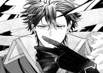 1boy absurdres black_gloves collared_shirt diamant_(fire_emblem) fire_emblem fire_emblem_engage gloves greyscale hair_between_eyes highres illust_mi jewelry looking_at_viewer male_focus monochrome ring shirt short_hair solo 
