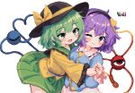  2girls 999_(hansode) ahoge black_hairband black_headwear blush bow closed_mouth commentary green_eyes green_skirt hairband hat hat_bow heart heart_of_string hug komeiji_koishi komeiji_satori long_sleeves looking_at_another multiple_girls one_eye_closed open_mouth purple_hair short_hair siblings sisters skirt third_eye touhou violet_eyes yellow_bow 